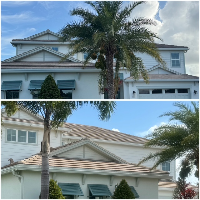 Before and After Jupiter, FL Before and after soft-wash roof cleaning in Jupiter, Florida