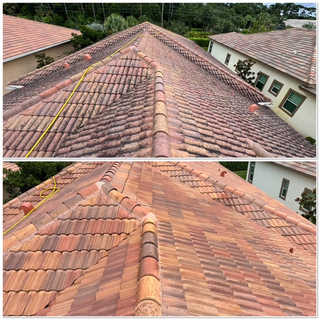 Before and after soft-wash roof cleaning in Port St. Lucie, FL
