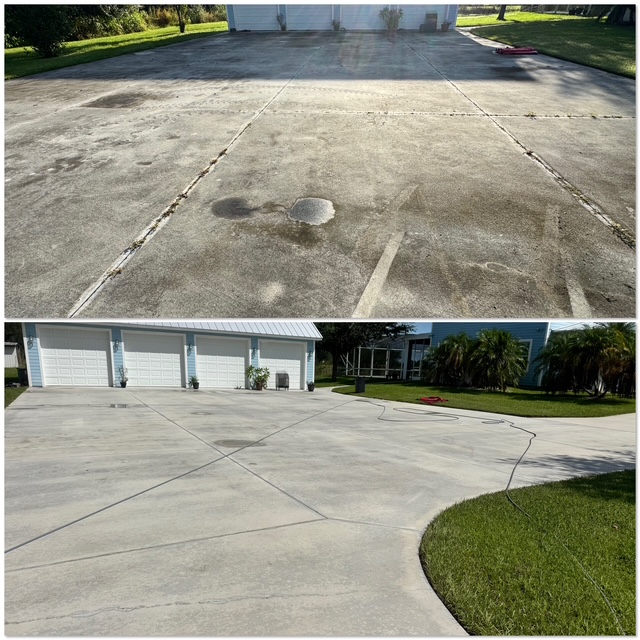 Concrete driveway cleaning before and after in Port St. Lucie, FL