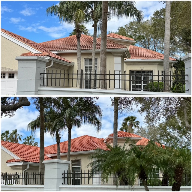 Vero Beach Before and After Rooc Cleaning Before and after soft-wash roof cleaning in Vero Beach, Florida